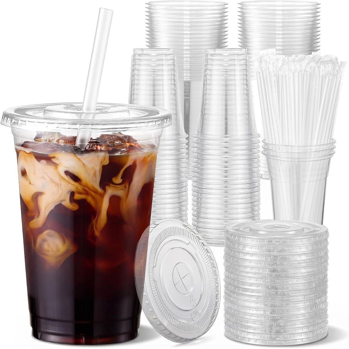 100 Sets - 12oz Clear Plastic Cups with Lids and Straws, Disposable Cups for Iced Coffee, Smoothie, Milkshake, Cold Drinks