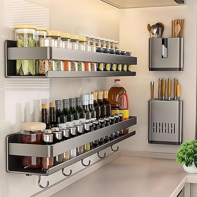 Adhesive Wall Mount Spice Rack Carbon Steel, No-Drill Dark Gray Wall Spice Racks for Kitchen, Multi-Purpose Spice Storage Organizer, Kitchen Bathroom Storage Shelf for Countertop Cabinet