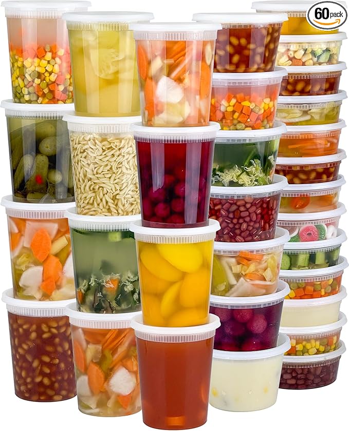 Dipoo 60 Sets (120-Piece) Deli Containers with Lids, 32/16/8 oz X 20 Set Each, Leak-Proof & BPA Free Airtight Takeout Plastic Food Storage Containers for Soup, Freezer/Microwave/Dishwasher Safe