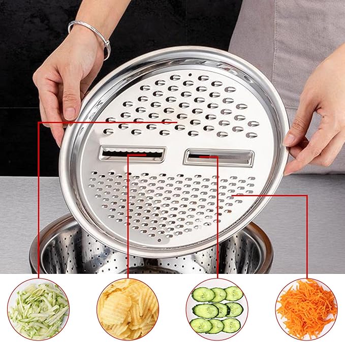 Multifunctional Stainless Steel Basin with Grater, Mixing Bowls, Vegetable Cutter, Slicer, Strainer, Drain Basket, Salad Maker Bowl, Colanders for Kitchen Use