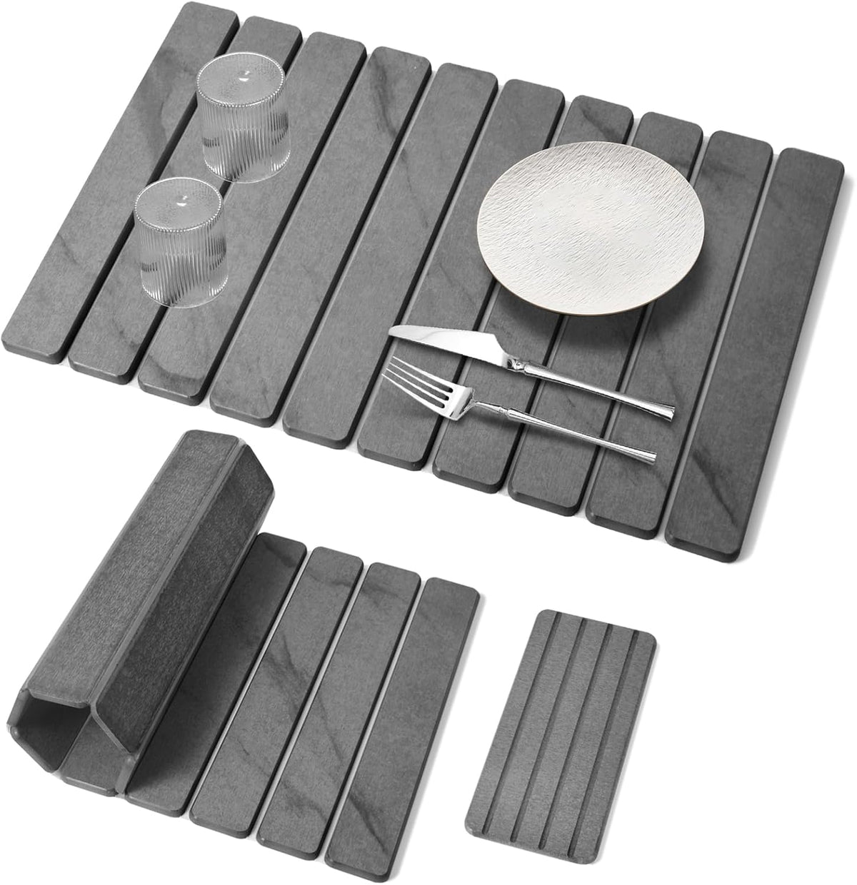 2 PCS Large Stone Dish Drying Mat for Kitchen Counter, 24"×16" Marble-Pattern Dish Drying Mat with 8"x 4" Coasters, Non - Slip Collapsible Absorbent Mat for Multi - Purpose, Match Any Countertop【Gray】