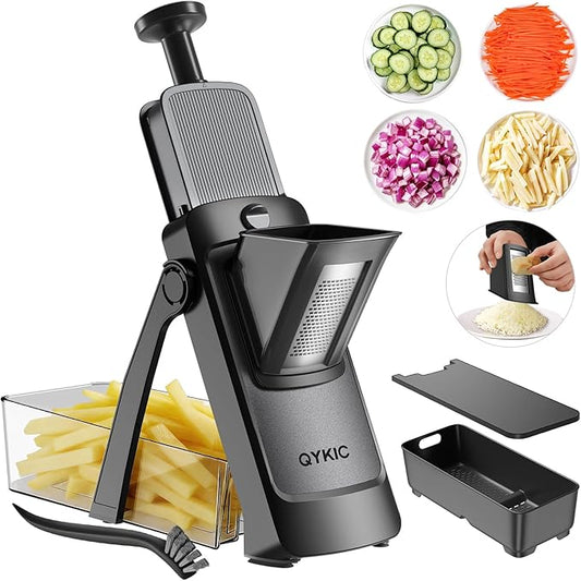 8 in 1 Mandoline Slicer for Kitchen, Vegetable Chopper, Potato Slicer, Fry Cutter Onion Chopper with Drain Basket Food Container with Lid, Stainless Steel Cheese Grater for Quick Meal Pre (Black)