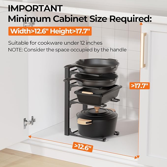MUDEELA Pots and Pans Organizer under Cabinet 15.75" Tall, 4-Tier Heavy Duty Pan Organizers inside Cabinet Kitchen Storage, Adjustable Pot Rack Holds up to 44 LB Cast Iron Skillets Shallow Cookware