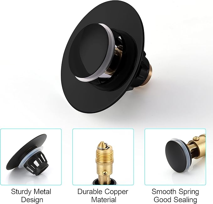 Universal 1.25" Bathroom Sink Stopper - Wash Basin Bounce Drain Filter, Pop Up Drain Stopper, Bullet Core Push Type Sink Stopper, Sink Drain Plug with Anti-Clogging Strainer, Matte Black1