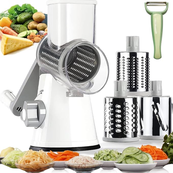 Handheld Rotary Cheese Grater Shredder- 3 Interchangeable Stainless Steel Drum Blades Manual Round Mandolin Vegetable Slicer Nut Grinder with Upgraded Strong Suction Base & Free Sharp Peeler, White