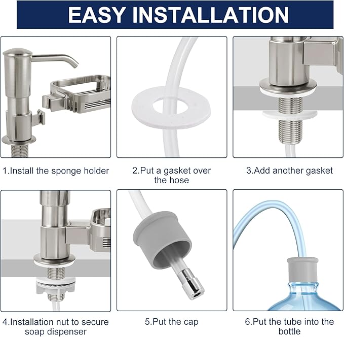 Soap Dispenser for Kitchen Sink, Built in Sink Soap Dispenser Pump with Sponge Holder, Brushed Nickel ABS Sink Dish Soap Dispensers Under Counter, with 39" Extension Tube Kit,No Refill Needed