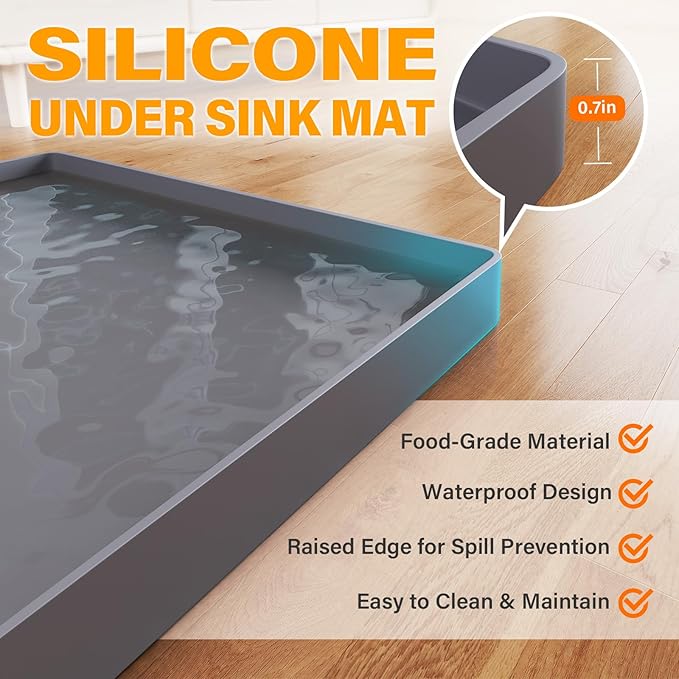 FLATO Waterproof Under Sink Mat 22" x 19" Shelf Liner for Kitchen and Bathroom, Cabinet Protector, Organizers and Storage, Flexible Silicone Drip Tray