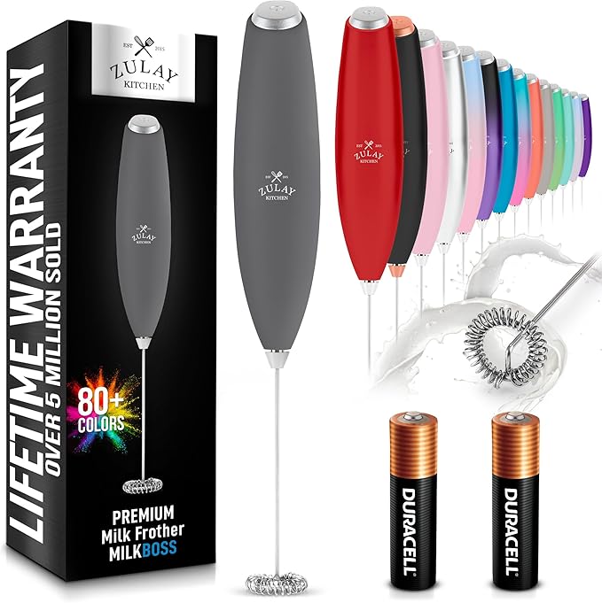 Zulay Kitchen Milk Frother Handheld Electric Whisk with AA Duracell Batteries – Durable Drink Mixer for Coffee, Lattes, Cappuccinos & More - Charcoal