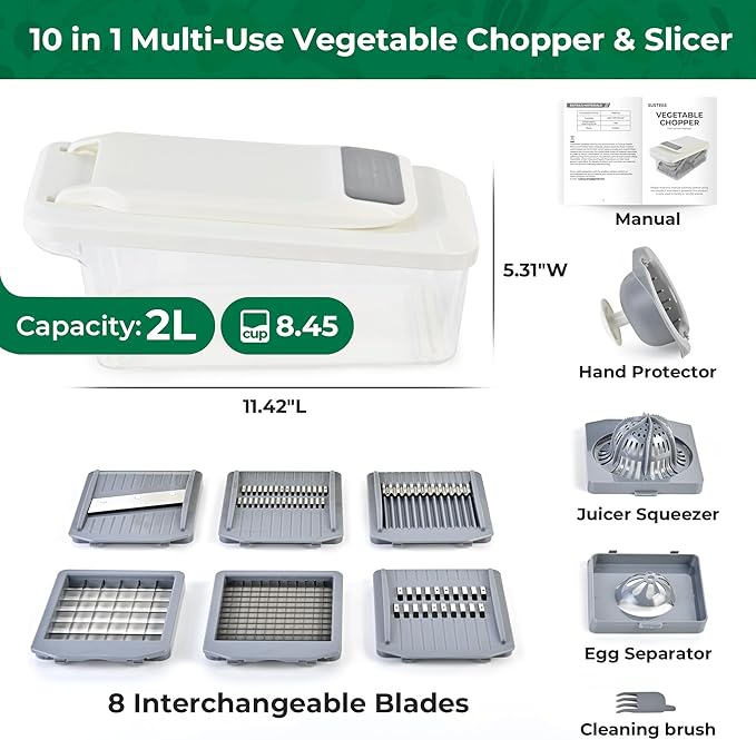 SUSTEAS Vegetable Chopper Mandoline Slicer,6 Blade Pro Food Chopper, Onion Potato Dicer, Veggie Cutter for Salad, Carrot, Cucumber Home Kitchen Gadgets Accessories Essentials(10 in 1, Grayish White)
