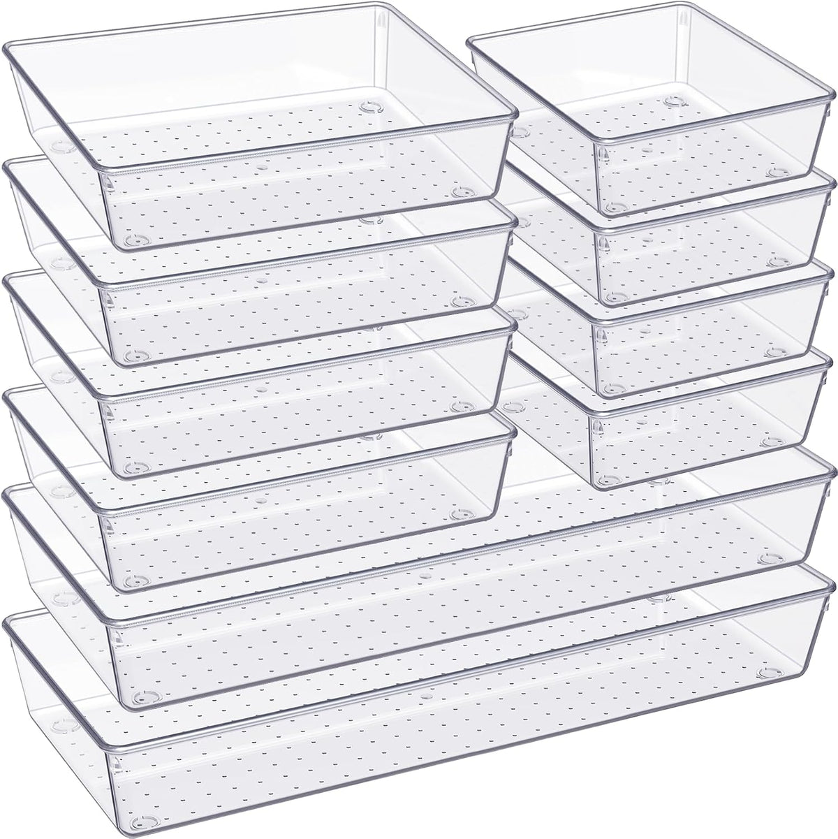 Drawer Organizer, 10 Pack Large Clear Plastic Set, 3 Size Versatile Bathroom and Vanity Organizer Trays, Storage Bins for Makeup, Bedroom, Kitchen Utensils