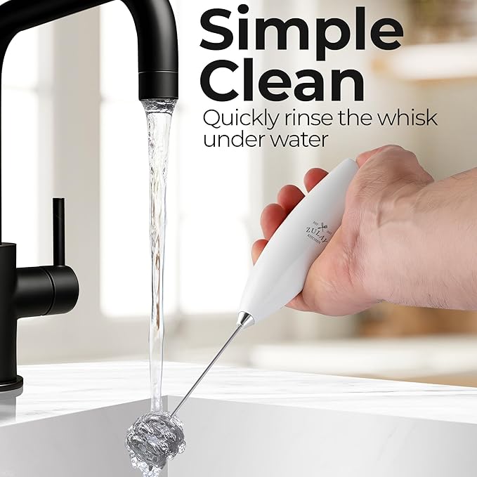Zulay Kitchen Powerful Milk Frother Wand With Duracell Batteries - Ultra Fast Handheld Drink Mixer - Electric Whisk Foam Maker for Coffee, Lattes, Cappuccino & Matcha - Triple Whisk - Luna White