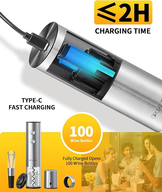 CIRCLE JOY Electric Wine Opener Rechargeable 5-in-1 Stainless Steel Wine Gift Set with Foil Cutter, Wine Aerator Pourer, Wine Drip Ring & Vacuum Stopper, Ideal Gifts for Wine Lovers, Silver