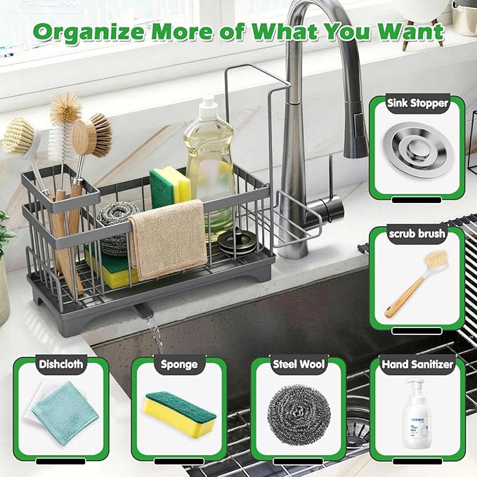 Sponge Holder for Kitchen Sink, Sink Caddy Organizer with Detachable Cloth & Brush Holder, Self-Draining Sponge Caddy Organizer with 360° Rotatable Spout, Kitchen Countertop Storage Accessories(Gray)
