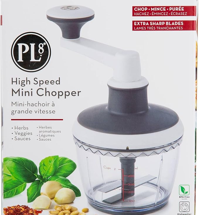 PL8 High-Speed Mini Chopper – Compact Manual Food Processor with Dual-Sided Stainless Steel Blades, Soft Grip Lid & Non-Skid Base, 2 Cup Capacity, Ideal for Herbs, Salsas, Sauces, and Purees