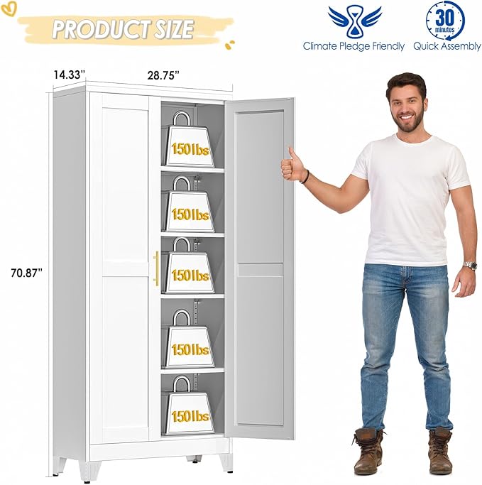 GAIOUS 71" Tall Metal Storage Cabinet with 2 Doors and 4 Adjustable Shelves, Kitchen Pantry Cabinet White Freestanding Cupboard, 5 Tier Multifunctional Steel Storage for Office, Kitchen, Dining Room