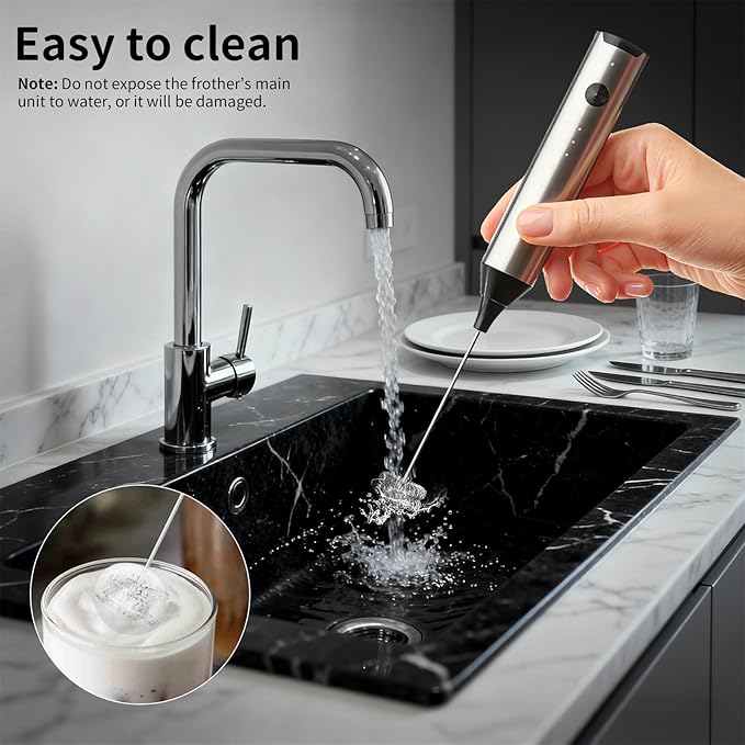 Rechargeable Handheld Milk Frother for Coffee, Hand Frother with Stand, Drink Mixer Frother Wand Electric Whisk Stirrer for Latte, Matcha, Cappuccino, Hot Chocolate (Stainless Steel)
