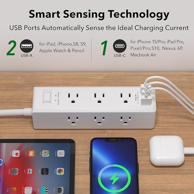 Clear Power 9-Outlet Surge Protector Power Strip with 3 USB Ports(1 USB-C), 5ft Power Cord, Flat Plug, Multi Outlets on 3 Sides, Desktop Charging Station, White, DC3S-1109-DC