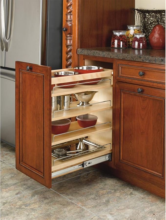 Rev-A-Shelf Maple Pullout Organizer for Full Height Base Cabinets, Full Extension Slides & Adjustable Shelves, Min Opening Width of 11.5",448-BC-11C