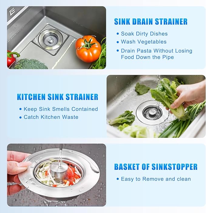 3 in 1 Kitchen Sink Drain Strainer, Universal Pop Up Stopper with Brass Core & Removable Stainless Steel Filter Basket, Anti-Clogging Sink Drain Strainer for US Standard 3-1/2'' Drain Hole
