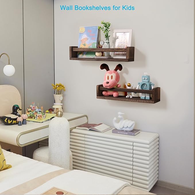 JORIKCHUO Nursery Book Shelves, Set of 2 Wood Floating Book Shelves for Kids Room, Kitchen Spice Rack, or Rustic Wall Mounted Shelves for Farmhouse Bathroom Décor (Carbon Brown)