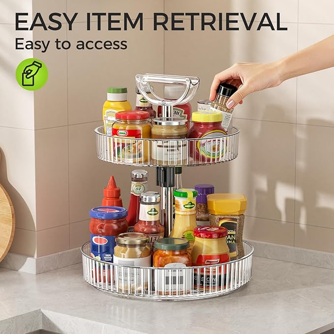 Lazy Susan Organizer – 2 Tier Rotating Spice Rack Turntable, 11.4" Plastic Spinning Organizer for Kitchen Cabinet Pantry Countertop Cupboard Bathroom Storage, Clear