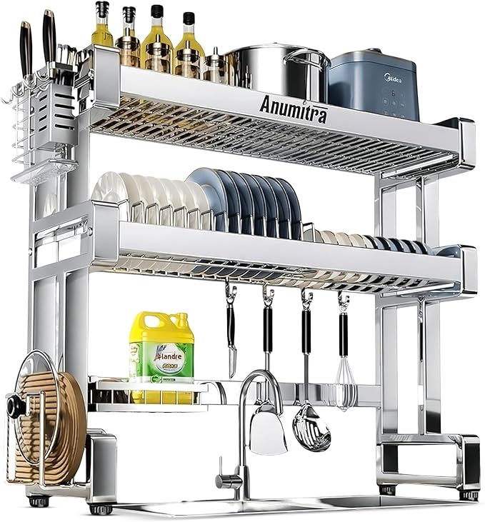 ANUMITRA Over Sink Dish Drying Rack – Stainless Steel 3-Tier 33.5 in Dish Drainer Rack, Space-Saving Kitchen Sink Organizer with Plate & Bowl Holders, Cutting Board Rack, Utensil Cup, Adjustable Feet