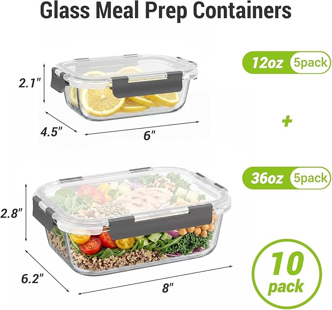 Dealusy 10 Sets (20-Piece) Glass Meal Prep Containers with Lids, Five 36 oz & Five 12 oz Airtight Leak-proof Glass Food Storage Containers with lids, Microwave Oven Freezer Dishwasher Safe, Gray