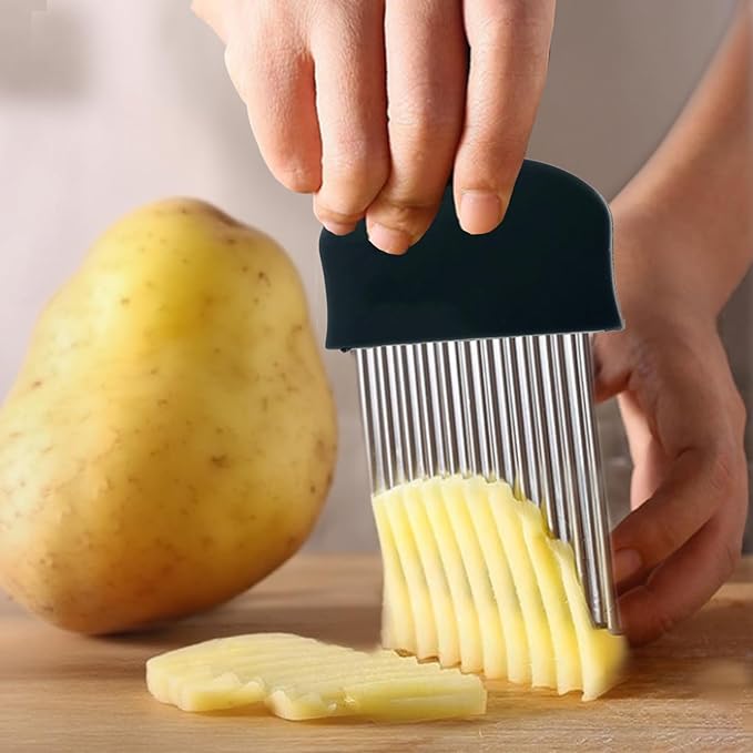 2 Pack Crinkle Cutter Stainless Steel Wavy French Fry Slicer & Vegetable Chopper for Potatoes, Carrots, Fruits, Heavy Duty Blade Cutting Tool(Black)
