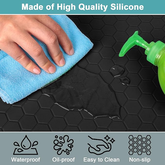 Undersink Waterproof Mat 31" x 19", Silicone Under Kitchen Sink Mat with Raised Edges, Under The Sink Organizer for Kitchen and Bathroom Leak Protection Black