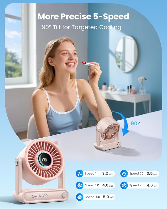 Gaiatop Portable Quiet Desk Fan, 6000mAh Rechargeable Battery Fan with RGB Ring, 18Hrs Runtime, 5-Speed Strong Wind, Bedroom Office Desk Accessories, Gifts for Women Girls Mom, Pink