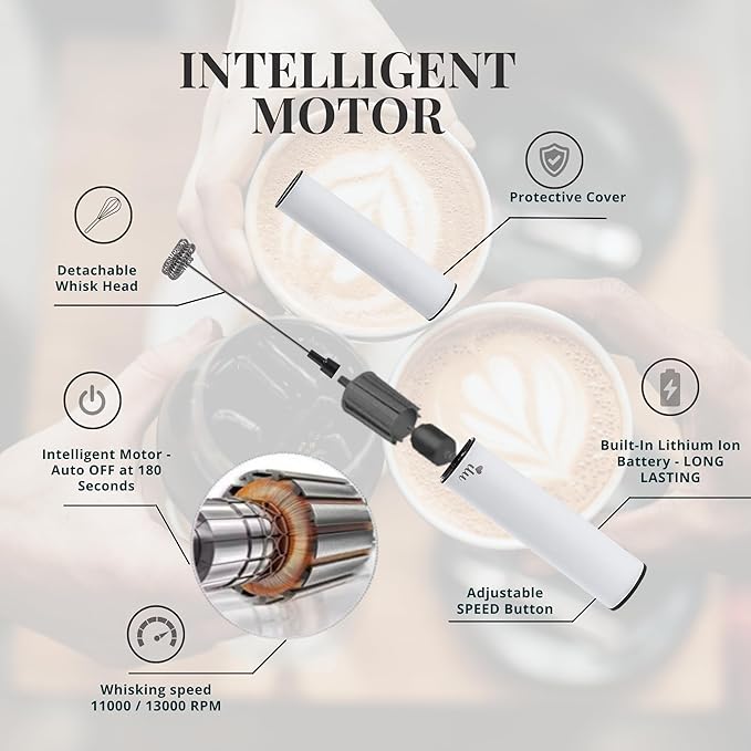 ilu Rechargeable Milk Frother | Drink Mixer | Coffee Frother Handheld with USB-C Charging, stainless steel body, foam, stirrer for Milk, Coffee, matcha, cappuccino, latte, egg (WHITE)