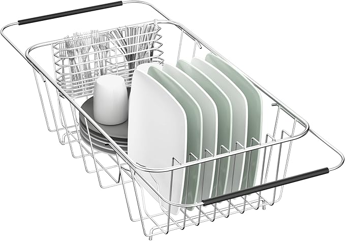 JAQ Over Sink Dish Drying Rack for Small Sink, Compact Expandable 14.25"–22.44", Adjustable 304 Stainless Steel Dish Drainer with Utensil Holder, Space Saving for Small Kitchen