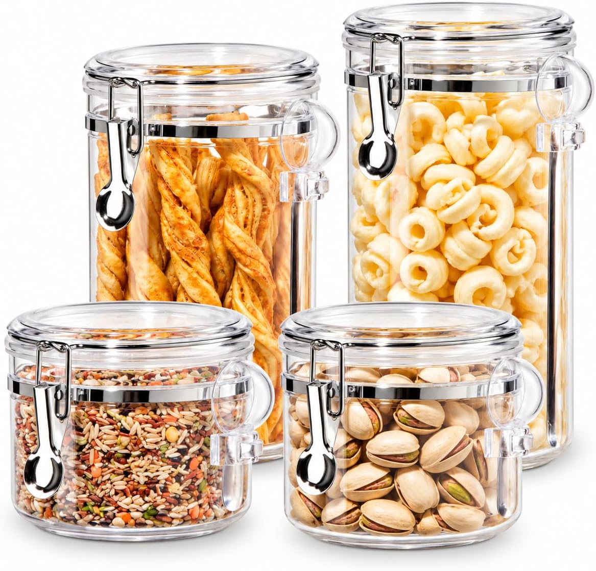 Oggi 4pc Clear Canister Set with Clamp Lids & Spoons - Airtight Food Storage Containers, Ideal for Kitchen & Pantry Storage of Bulk, Dry Food Including Flour, Sugar, Coffee, Rice, Tea, Spices & Herbs