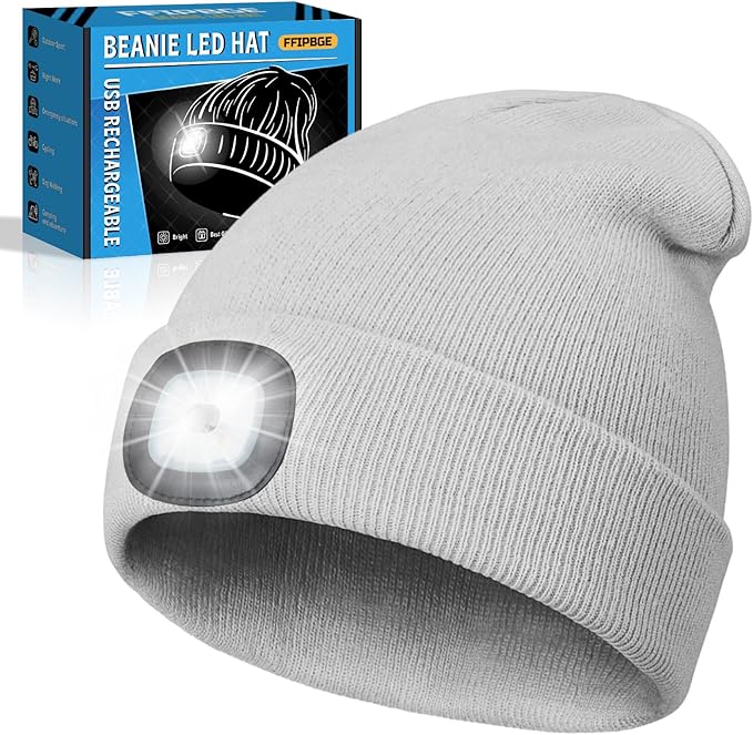 Beanie Hats with Light, USB Rechargeable LED Hand Free Headlamp, Ideal for Camping, Hiking, Fathers Day Dad Gifts, Birthday Gifts for Husband, Dad, Men, 1 Pack, Grey