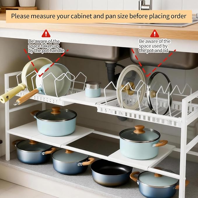 Pots and Pans Organizer Under Cabinet, Expandable Pots Organizers Inside Cabinet, Adjustable Height Under Sink Shelf 2 Tier with 10 Dividers Under Cabinet Shelf, Pot and Pan Lid Holder Rack (White)