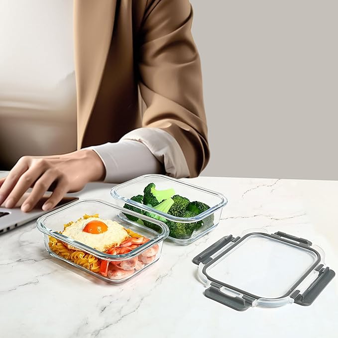 Glass Food Storage Containers 10 Pack - 22Oz Meal Prep Container Set with Lid, Airtight Snap Lock, Microwave Freezer Oven Dishwasher Safe, Lunch Box for Work, Grey