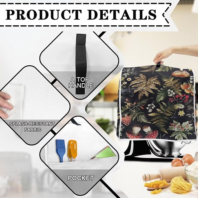 Mushroom Leaves Mixer Cover | Compatible with 6-8 Quart Tilt Head & Bowl Lift Mixers | Dust Protector with Pockets for Accessories