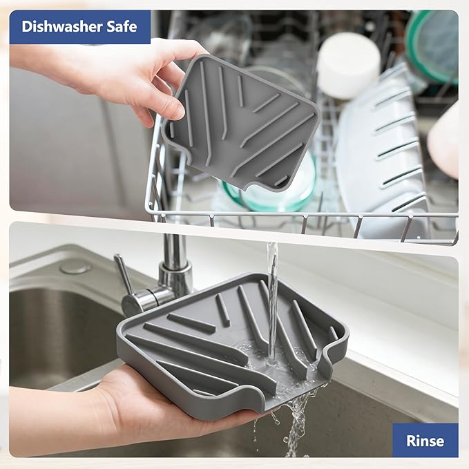 JACZZO Silicone Soap Dish for Shower and Bathroom - Small Bar Soap Holder with Self Draining Spout - Non-Slip Sink Tray Organizer for Kitchen Counter and Narrow Ledge, Gray (3.5" x 5")