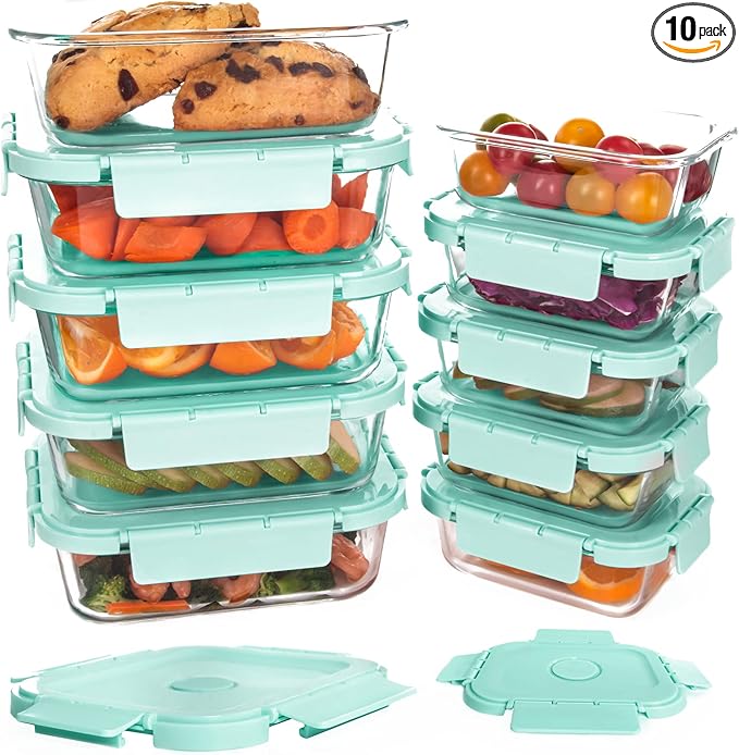 10 Pack Glass Meal Prep Containers, Airtight Food Storage Containers with Lids, Glass Containers for Lunch Built in Air Vents, Dishwasher Safe, Mint Green