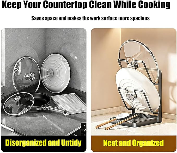 Pot Lid Organizer Rack, Stainless Steel Kitchen Pot Lid Holder & Storage Rack with Drip Tray & Spoon Rest for Countertop Stove Cooking (Gray)