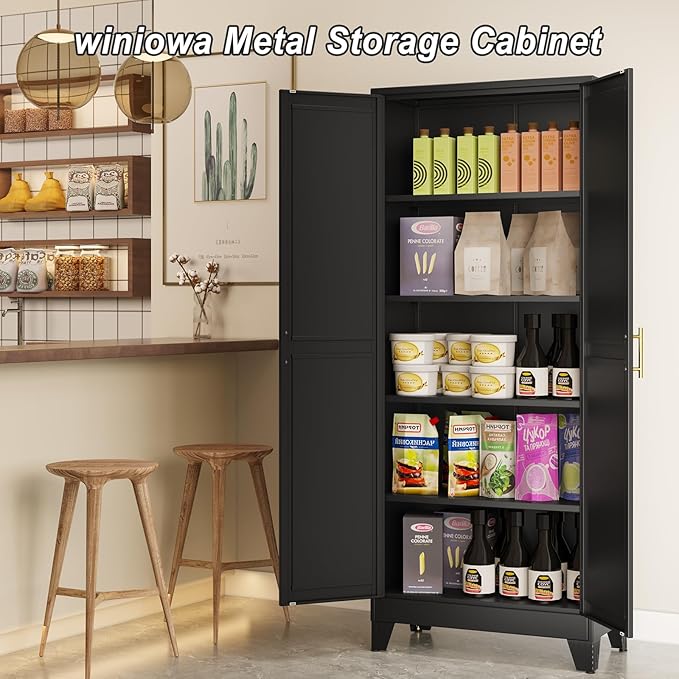 winiowa Metal Pantry Cabinet with 2 Doors and Adjustable Shelves - 71" Kitchen Storage Cabinet with Gold Handles - Versatile Storage for Kitchen, Bathroom, Dining Room, Utility Room - Black