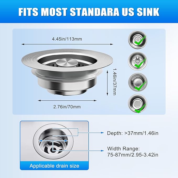 3 in 1 Kitchen Sink Drain Strainer, Universal Pop Up Stopper with Brass Core & Removable Stainless Steel Filter Basket, Anti-Clogging Sink Drain Strainer for US Standard 3-1/2'' Drain Hole
