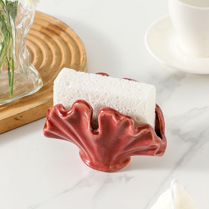 Uiddo Ceramic Sponge Holder,Sponge Holder for Kitchen Sink,Compact Sink Caddy Organizer, Dish Sponge Holders,Farmhouse Kitchens Decor Cute Gadgets Accessories,Christmas Kitchen Decor(Red)