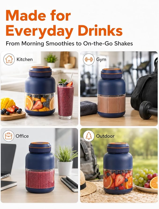 Portable Blender 44oz, Wireless Juicer Cup for Shakes and Smoothies, Personal Size Blender with Dual Lid & Leakproof Handle, Compact Travel Drinking Cup for Gym, Office, Kitchen, Outdoor (Blue 27oz)