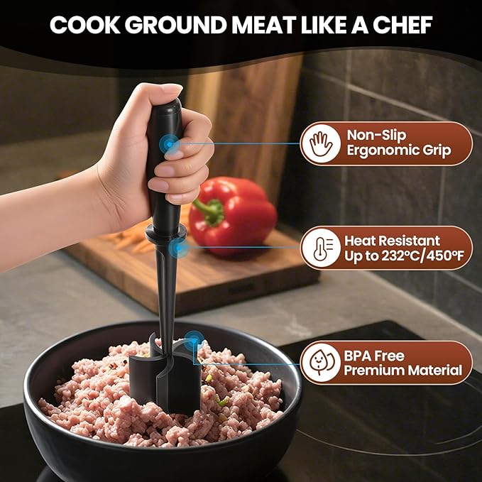 CUNSENR Premium Meat Chopper - 5 Curve Blade Ground Beef Smasher Tool - Heat-Resistant Nylon Meat Masher for Ground Beef, Hamburger, Potatoes - Non-Stick Ground Meat Chopper for Easy Mixing - Black