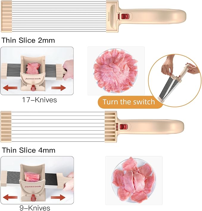 Fresh Meat Slicer, Manual Fresh Meat Cutter, Meal Prep Ideas, Adjustable Thickness 2mm or 4mm, 17 Blades get 18 Meat Slices, Meat Cleavers can be Sliced, Striped, Diced -Pink