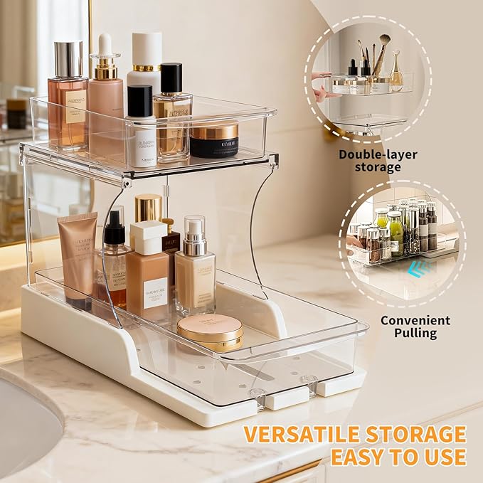 Jsyrjing Pull Out Spice Rack, 2 Tier Clear Cabinet Organizer for Kitchen and Bathroom Storage, Rotating Pantry Organizer and Makeup Organizer for Drawer, Durable Design, 2 Pack Under Sink Organizer