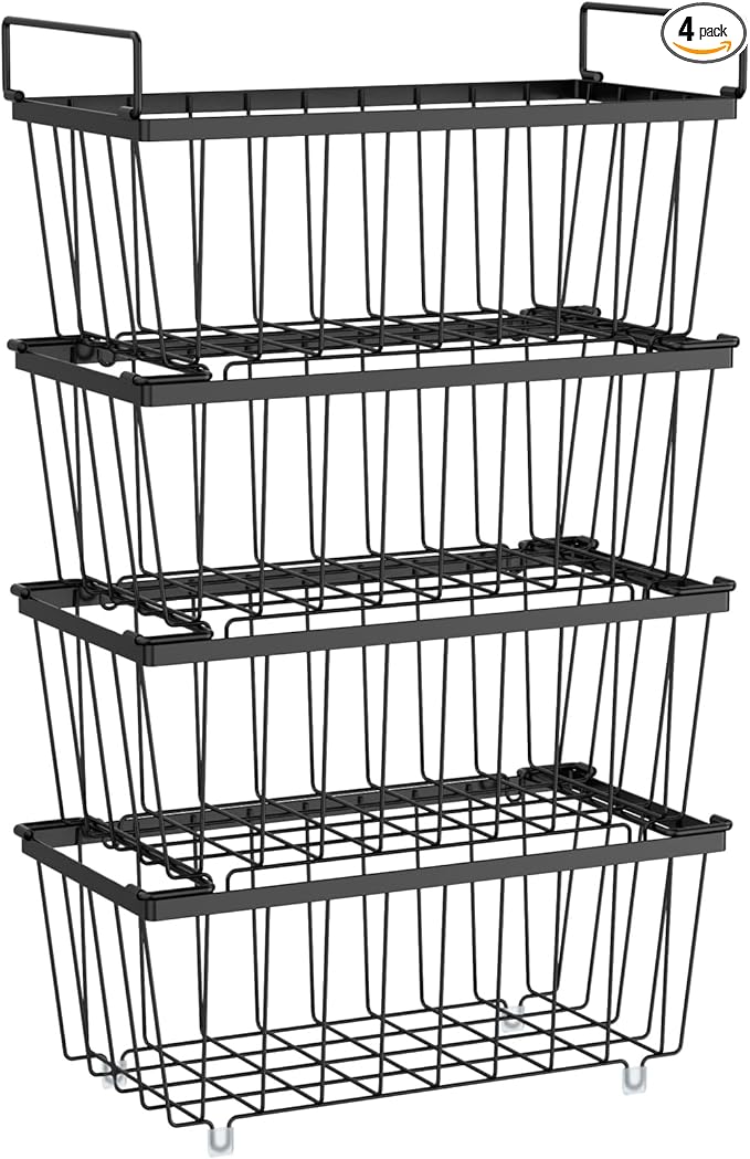 iSPECLE Freezer Organizer Bins - Fits 7 Cu.Ft Chest Freezer, 4 Pack Stackable Deep Freezer Organizer Bins (14.7" L) Easy Get Bottom Food with Handle, Wire Baskets Rust Resistant Sort Frozen Food