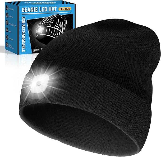 Beanie Hats with Light, USB Rechargeable LED Hand Free Headlamp, Ideal for Camping, Hiking, Fathers Day Dad Gifts, Birthday Gifts for Husband, Dad, Men, 1 Pack, Black