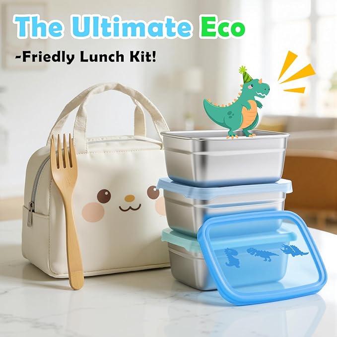Tanjiae 3-Pack Stainless Steel Snack Containers for Kids & Toddlers - 550ml (18oz) Leakproof Colorful Lids with Cute Dinosaurs | LFGB Certified, Stackable Metal Lunch Box for Daycare, School, Travel